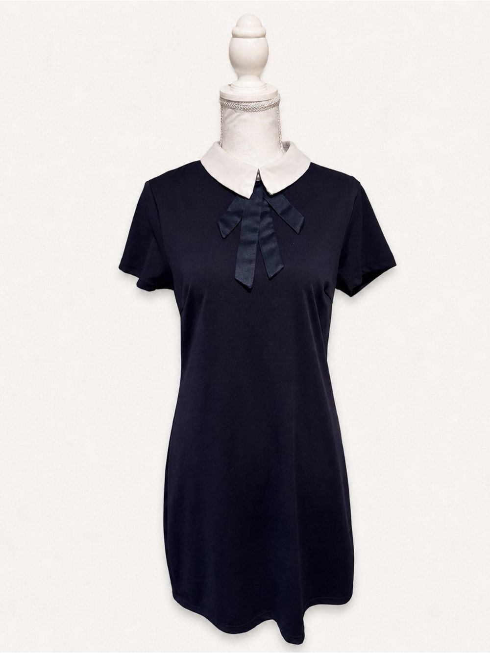 Navy Short Sleeve Dress with White Peter Pan Collar and Navy Ribbon